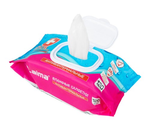Салфетки влажные 120 шт., АНТИБАКТЕРИАЛЬНЫЕ, с пластиковым клапаном, LAIMA 