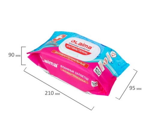 Салфетки влажные 120 шт., АНТИБАКТЕРИАЛЬНЫЕ, с пластиковым клапаном, LAIMA 