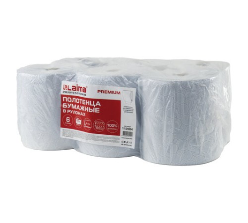 Полотенца бумажные рулонные 150 м, LAIMA (Система H1) PREMIUM, 2-слойные, белые с ЦВЕТНЫМ ТИСНЕНИЕМ, КОМПЛЕКТ 6 рулонов, 112504