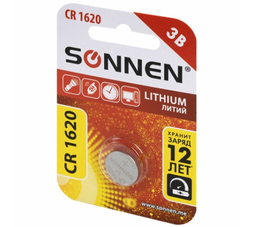Батарейка литиевая SONNEN Lithium CR1620 "таблетка, дисковая, кнопочная" 1 шт., блистер, 455599 Батарейка литиевая SONNEN Lithium CR1620 "таблетка, дисковая, кнопочная" 1 шт., блистер, 455599