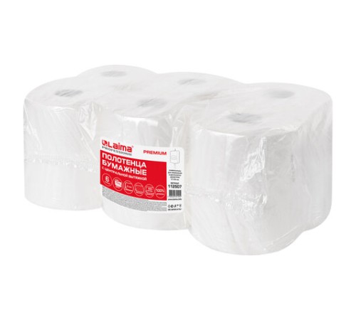 Полотенца бумажные с центральной вытяжкой 150 м, LAIMA (Система M2) PREMIUM, 2-слойные, белые, КОМПЛЕКТ 6 рулонов, 112507