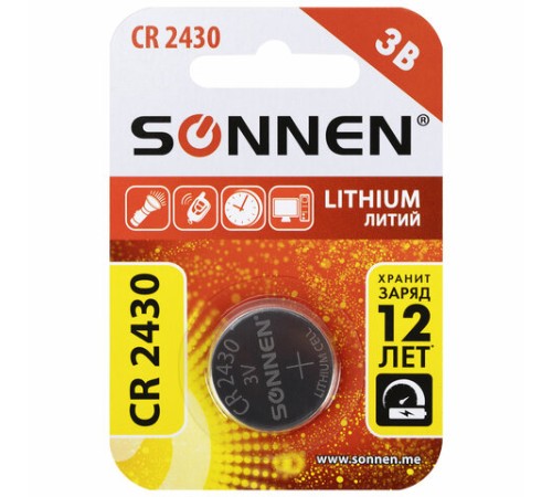 Батарейка литиевая SONNEN Lithium CR2430 "таблетка, дисковая, кнопочная" 1 шт., блистер, 455600
