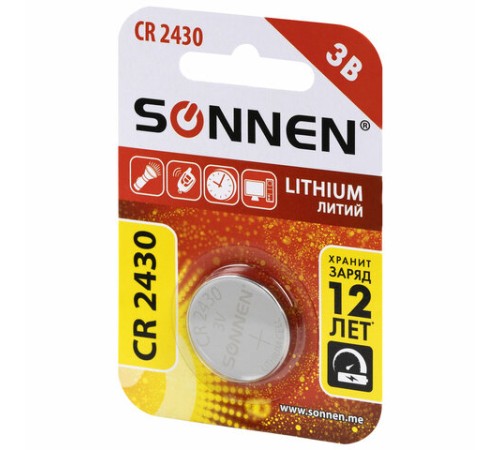 Батарейка литиевая SONNEN Lithium CR2430 "таблетка, дисковая, кнопочная" 1 шт., блистер, 455600