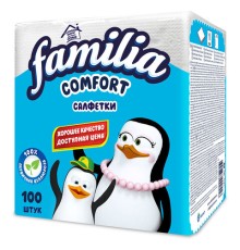 Салфетки бумажные 100 шт., 24x23 см, FAMILIA, белые, 100% целлюлоза, 5080553