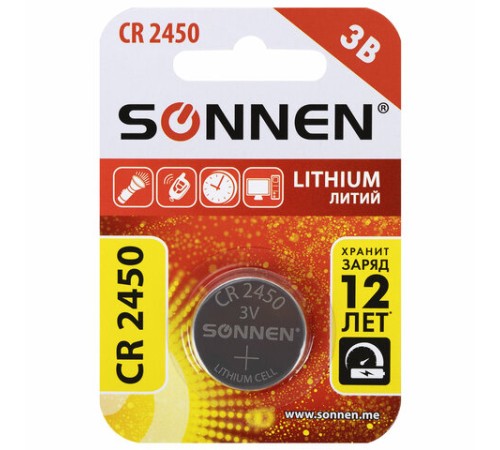 Батарейка литиевая SONNEN Lithium CR2450 "таблетка, дисковая, кнопочная" 1 шт., блистер, 455601 Батарейка литиевая SONNEN Lithium CR2450 "таблетка, дисковая, кнопочная" 1 шт., блистер, 455601