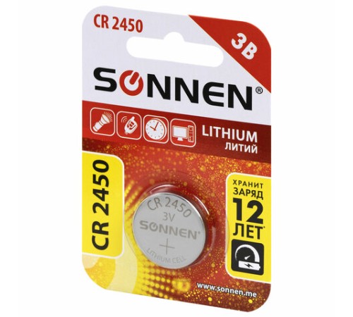 Батарейка литиевая SONNEN Lithium CR2450 "таблетка, дисковая, кнопочная" 1 шт., блистер, 455601 Батарейка литиевая SONNEN Lithium CR2450 "таблетка, дисковая, кнопочная" 1 шт., блистер, 455601
