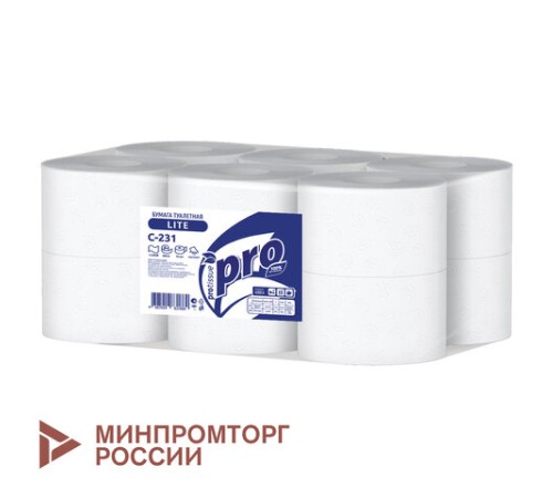 Бумага туалетная 200 метров, PROtissue (T2) LITE, 1-слойная, белая, КОМПЛЕКТ 12 рулонов, С231