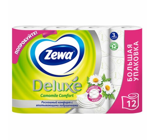 Бумага туалетная 3-х слойная 12 рулонов (12х18 м), С АРОМАТОМ РОМАШКИ, ZEWA Deluxe, 53613