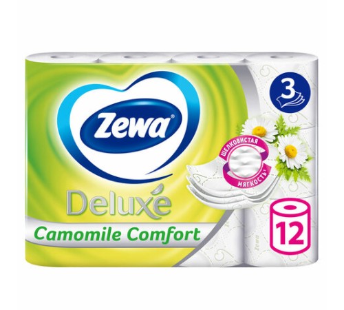 Бумага туалетная 3-х слойная 12 рулонов (12х18 м), С АРОМАТОМ РОМАШКИ, ZEWA Deluxe, 53613