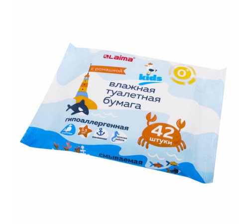 Бумага туалетная влажная детская, смываемая 42 шт., БИОРАЗЛАГАЕМАЯ, LAIMA Kids, 115223