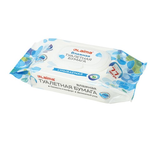 Бумага туалетная влажная смываемая 77 шт., БИОРАЗЛАГАЕМАЯ, с пластиковым клапаном, LAIMA, 115224