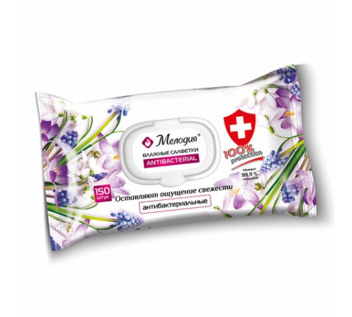 Салфетки влажные 150 шт., АНТИБАКТЕРИАЛЬНЫЕ, с пластиковым клапаном, МЕЛОДИЯ, 115226