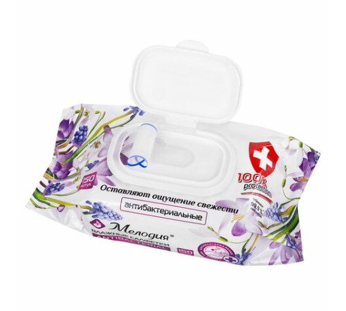 Салфетки влажные 150 шт., АНТИБАКТЕРИАЛЬНЫЕ, с пластиковым клапаном, МЕЛОДИЯ, 115226