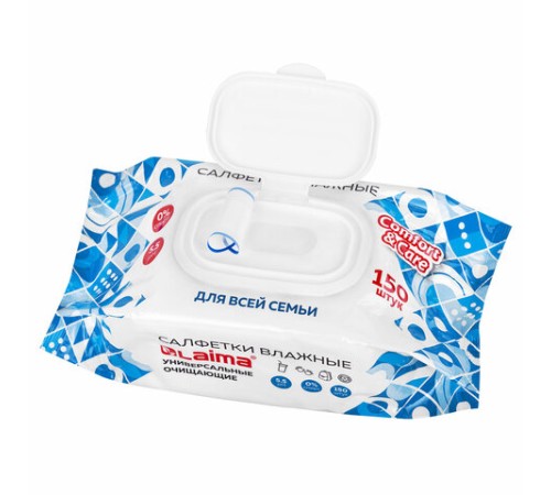 Салфетки влажные 150 шт., УНИВЕРСАЛЬНЫЕ, с пластиковым клапаном, для всей семьи, LAIMA, 115227