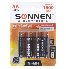 Батарейки аккумуляторные Ni-Mh пальчиковые КОМПЛЕКТ 4 шт., АА (HR6) 1600 mAh, SONNEN, 455605