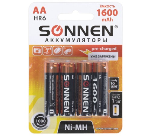 Батарейки аккумуляторные Ni-Mh пальчиковые КОМПЛЕКТ 4 шт., АА (HR6) 1600 mAh, SONNEN, 455605 Батарейки аккумуляторные Ni-Mh пальчиковые КОМПЛЕКТ 4 шт., АА (HR6) 1600 mAh, SONNEN, 455605