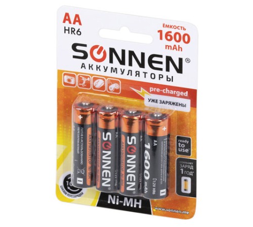 Батарейки аккумуляторные Ni-Mh пальчиковые КОМПЛЕКТ 4 шт., АА (HR6) 1600 mAh, SONNEN, 455605 Батарейки аккумуляторные Ni-Mh пальчиковые КОМПЛЕКТ 4 шт., АА (HR6) 1600 mAh, SONNEN, 455605