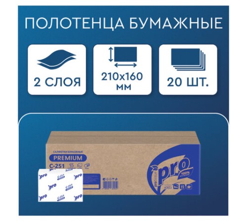 Салфетки 200 шт. PROtissue (Система N4) PREMIUM, 2-слойные, КОМПЛЕКТ 20 шт., 21х16 см, V-сложение, белые, C251