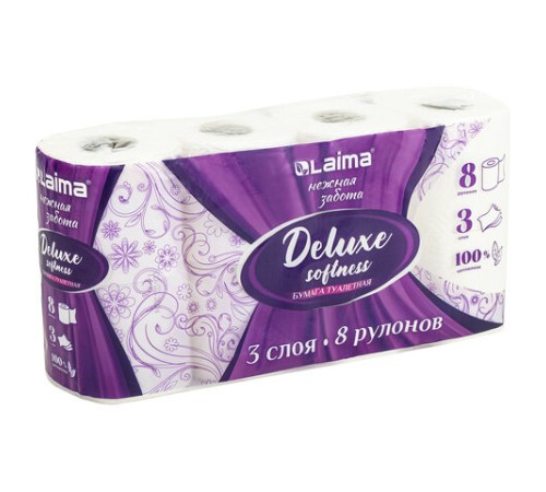 Бумага туалетная 3-х слойная, 8 рулонов (8х16,5 м), LAIMA Deluxe, 100% целлюлоза, 115396