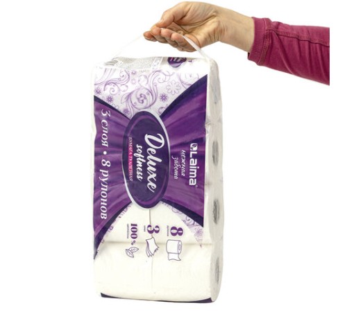 Бумага туалетная 3-х слойная, 8 рулонов (8х16,5 м), LAIMA Deluxe, 100% целлюлоза, 115396