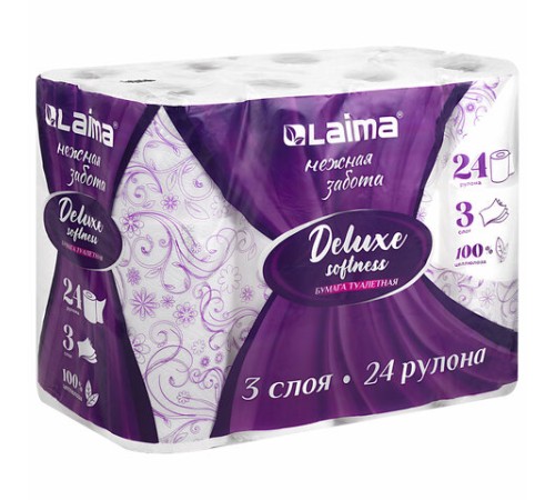 Бумага туалетная 3-х слойная, 24 рулона (24х16,5 м), LAIMA Deluxe, 100% целлюлоза, 115397