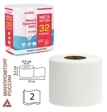 Бумага туалетная 2-х слойная, Mega Pack (32 рулона по 15 метров), LAIMA LUXE, 100% целлюлоза, 115398, 5087443