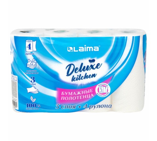 Полотенца бумажные 3-х слойные, 4 рулона по 11 м (отрыв 1/2 листа), LAIMA Deluxe, 100% целлюлоза, 115400