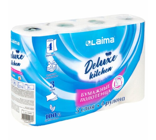 Полотенца бумажные 3-х слойные, 4 рулона по 11 м (отрыв 1/2 листа), LAIMA Deluxe, 100% целлюлоза, 115400
