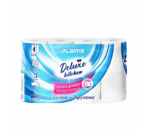 Полотенца бумажные 3-х слойные, 4 рулона по 11 м (отрыв 1/2 листа), LAIMA Deluxe, 100% целлюлоза, 115400