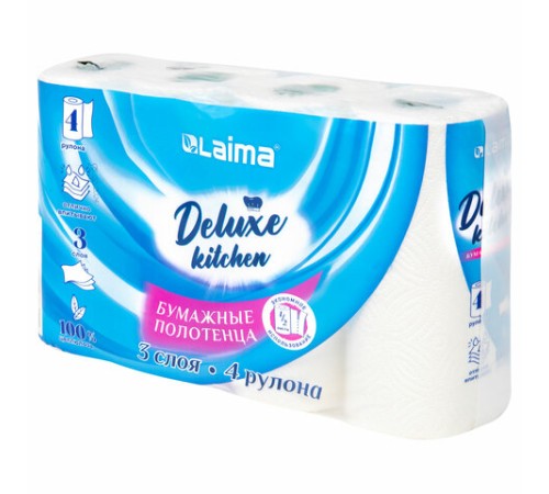 Полотенца бумажные 3-х слойные, 4 рулона по 11 м (отрыв 1/2 листа), LAIMA Deluxe, 100% целлюлоза, 115400