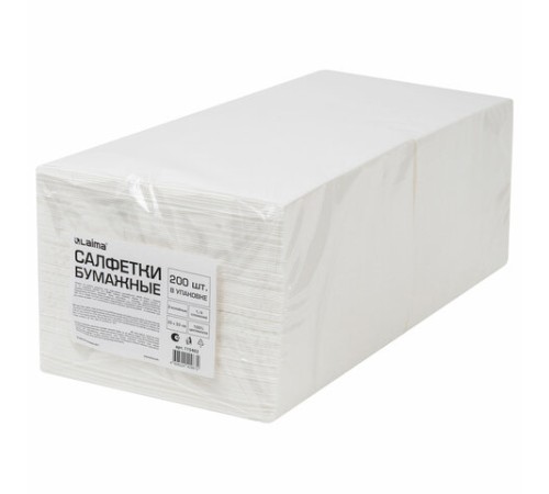 Салфетки бумажные 2-х слойные, 33x33 см, 200 штук в упаковке, 1/4 сложения, LAIMA, белые, 115402