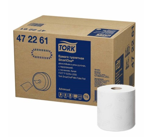 Бумага туалетная 130 м, Tellus/TORK (Система T9) SmartOne, ADVANCED, КОМПЛЕКТ 12 рулонов, 2-слойная, белая, 472261