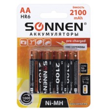 Батарейки аккумуляторные Ni-Mh пальчиковые КОМПЛЕКТ 4 шт., АА (HR6) 2100 mAh, SONNEN, 455606