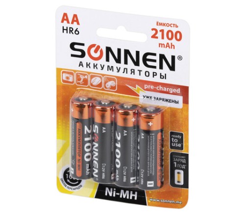 Батарейки аккумуляторные Ni-Mh пальчиковые КОМПЛЕКТ 4 шт., АА (HR6) 2100 mAh, SONNEN, 455606