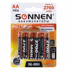 Батарейки аккумуляторные Ni-Mh пальчиковые КОМПЛЕКТ 4 шт., АА (HR6) 2700 mAh, SONNEN, 455607