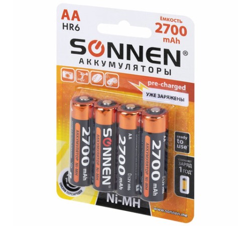 Батарейки аккумуляторные Ni-Mh пальчиковые КОМПЛЕКТ 4 шт., АА (HR6) 2700 mAh, SONNEN, 455607 Батарейки аккумуляторные Ni-Mh пальчиковые КОМПЛЕКТ 4 шт., АА (HR6) 2700 mAh, SONNEN, 455607