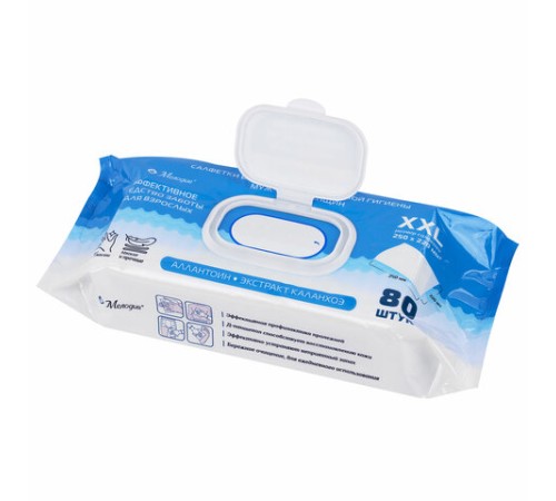 Салфетки влажные для ухода за лежачими больными и интимной гигиены 80 шт., 22х25 см, Д-пантенол, МЕЛОДИЯ, 116527