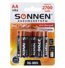 Батарейки аккумуляторные Ni-Mh пальчиковые КОМПЛЕКТ 6 шт., АА (HR6) 2700 mAh, SONNEN, 455608