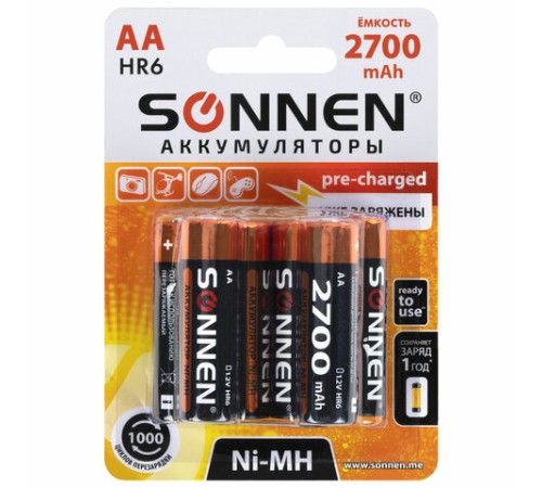 Батарейки аккумуляторные Ni-Mh пальчиковые КОМПЛЕКТ 6 шт., АА (HR6) 2700 mAh, SONNEN, 455608 Батарейки аккумуляторные Ni-Mh пальчиковые КОМПЛЕКТ 6 шт., АА (HR6) 2700 mAh, SONNEN, 455608