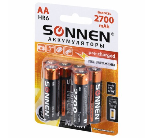 Батарейки аккумуляторные Ni-Mh пальчиковые КОМПЛЕКТ 6 шт., АА (HR6) 2700 mAh, SONNEN, 455608 Батарейки аккумуляторные Ni-Mh пальчиковые КОМПЛЕКТ 6 шт., АА (HR6) 2700 mAh, SONNEN, 455608