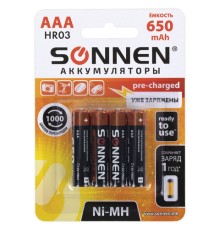 Батарейки аккумуляторные Ni-Mh мизинчиковые КОМПЛЕКТ 4 шт., AAA (HR03) 650 mAh, SONNEN, 455609