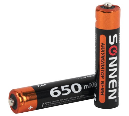 Батарейки аккумуляторные Ni-Mh мизинчиковые КОМПЛЕКТ 4 шт., AAA (HR03) 650 mAh, SONNEN, 455609 Батарейки аккумуляторные Ni-Mh мизинчиковые КОМПЛЕКТ 4 шт., AAA (HR03) 650 mAh, SONNEN, 455609