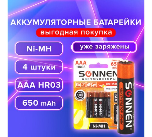 Батарейки аккумуляторные Ni-Mh мизинчиковые КОМПЛЕКТ 4 шт., AAA (HR03) 650 mAh, SONNEN, 455609 Батарейки аккумуляторные Ni-Mh мизинчиковые КОМПЛЕКТ 4 шт., AAA (HR03) 650 mAh, SONNEN, 455609