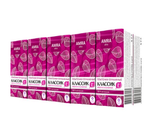 Платочки бумажные носовые AMRA 2-х слойные, СПАЙКА 10 пачек по 10 шт., 20х20 см, П00067305