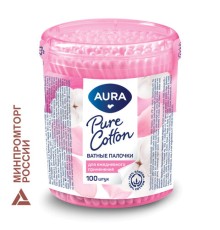 Ватные палочки КОМПЛЕКТ 100 шт., AURA, пластиковый стакан, 13143