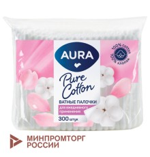 Ватные палочки КОМПЛЕКТ 300 шт., AURA, пакет, ш/к 11160, 13139