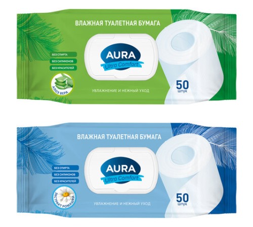 Бумага туалетная влажная 50 шт., AURA 