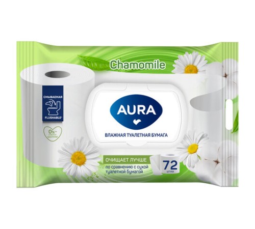 Бумага туалетная влажная смываемая 72 шт., AURA, с пластиковым клапаном, 13091