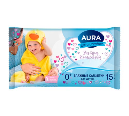 Салфетки влажные детские 15 шт., AURA Ultra Comfort, 0+, без спирта, 8492