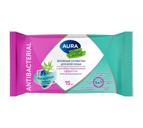 Салфетки влажные 15 шт., AURA Tropic Cocktail, c антибактериальным эффектом, 10388
